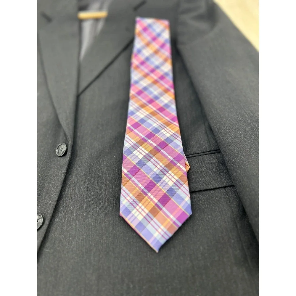 Tommy Hilfiger Pink Plaid Silk Tie‎ Preppy Coastal Prep Old Money Tie Belt 3.25